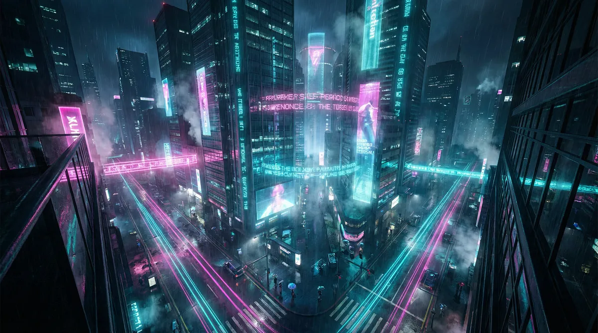 娱乐反斗星 竖屏短剧平台首页背景 - 赛博朋克都市夜景